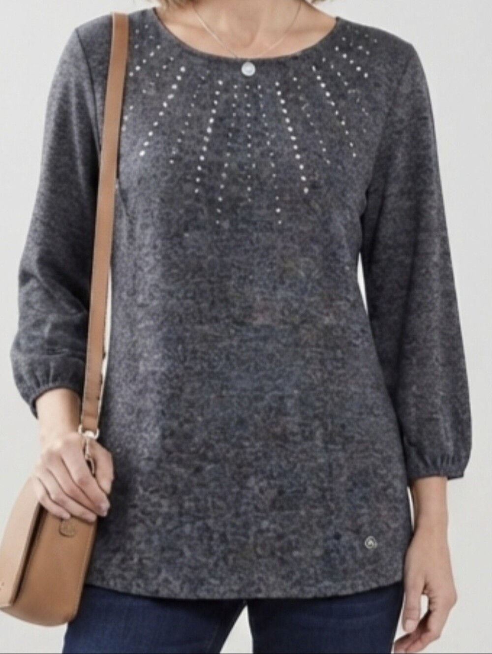 Adrienne Vittadin Charcoal Embellished Long-Sleeve Top Size XL Business Casual